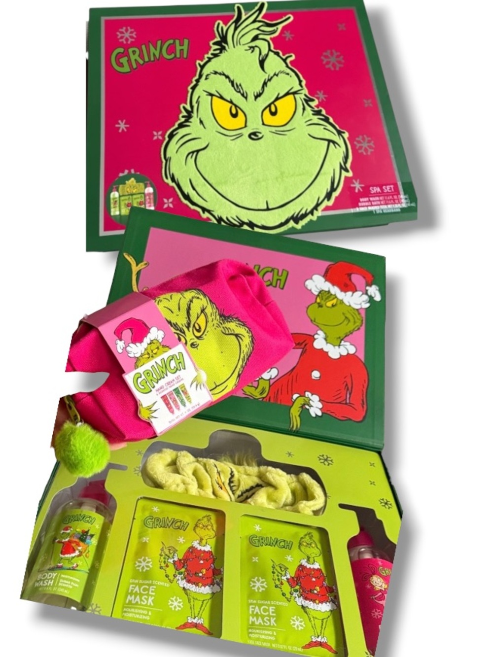 Grinch Spa Set NIB + 4 Hand Cream Set Body Wash Bubble Bath Face Masks Headband
